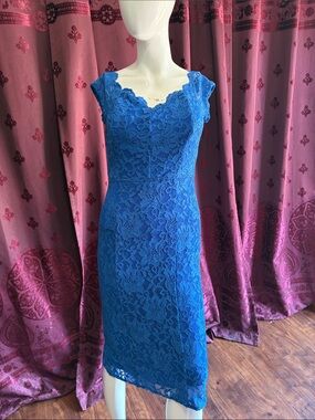 Y2K Royal Blue Lace Sparkling Midi Dress with Scalloped Neckline Size 11